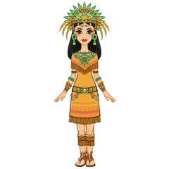 Animation portrait of the beautiful girl in a dress of the Native American Indian. Full growth. Vector illustration isolated on a white background.