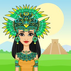 Animation portrait of the beautiful girl in a dress of the Native  American Indian. Background - a summer landscape, an ancient pyramid. Vector illustration.