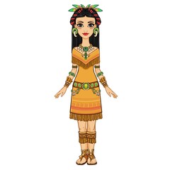Animation portrait of the beautiful girl in a dress of the Native American Indian. Full growth. Vector illustration isolated on a white background.
