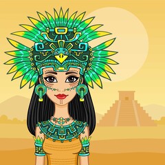 Animation portrait of the beautiful girl in a dress of the Native American Indian. Background - a summer landscape, an ancient pyramid. Vector illustration.