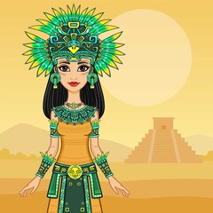 Animation portrait of the beautiful girl in a dress of the Native  American Indian. Background - a summer landscape, an ancient pyramid. Vector illustration.