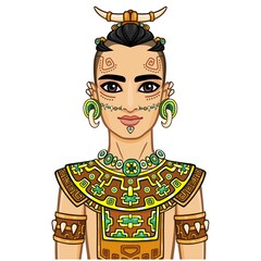 Animation portrait of the young man in a dress of the Native American Indian. Vector illustration isolated on a white background.