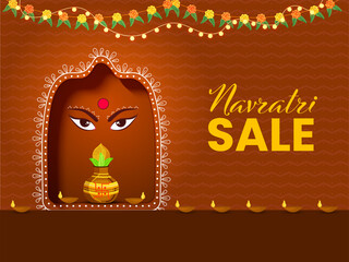 Navratri Sale Poster Design With Goddess (Devi Maa) Face, Lit Oil Lamps (Diya) And Worship Pot (Kalash) On Brown Zig Zag Lines Background.