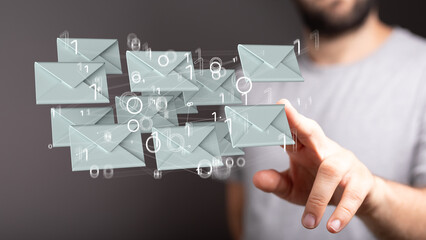 Hand holding using mobile phone with email icon on screen. Concept of business communication