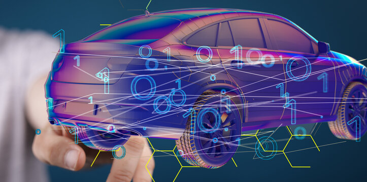 Hologram auto, futuristic polygonal model auto.