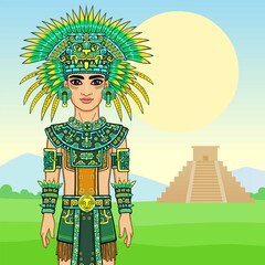 Animation portrait of the young man in a dress of the Native American Indian. Background - a summer landscape, an ancient pyramid. Vector illustration.