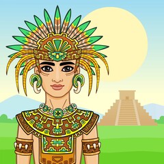 Animation portrait of the young man in a dress of the Native American Indian. Background - a summer landscape, an ancient pyramid. Vector illustration.