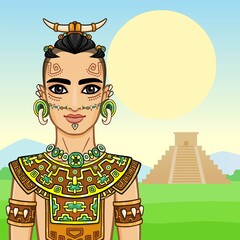 Animation portrait of the young man in a dress of the Native American Indian. Background - a summer landscape, an ancient pyramid. Vector illustration.