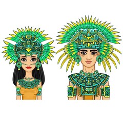 Animation portrait of a family in a dress of the Native American Indian. Vector illustration isolated on a white background.