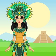 Animation portrait of the beautiful girl in a dress of the Native American Indian. Background - a summer landscape, an ancient pyramid. Vector illustration.