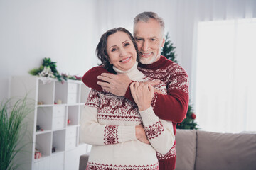 Photo of optimistic couple aged lady man hug wear sweater at home