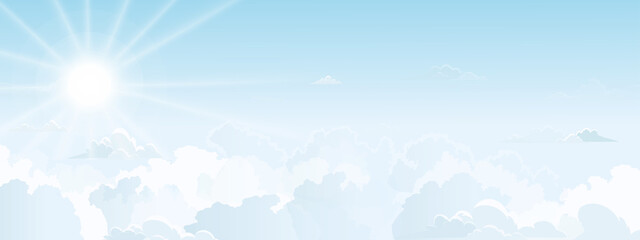 Fototapeta premium Blue sky with white fluffy cloud in sunny day Spring,Bright light from the sun shining through the clouds in the sky on Summer,Beautiful natural horizon banner for Springtime and Summertime background
