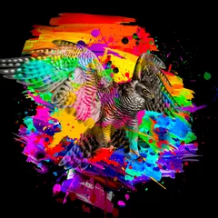 Foto auf Acrylglas colorful artistic eagle muzzle with bright paint splatters on dark background. © reznik_val