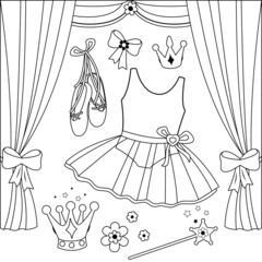 Ballet stage and dance accessories. Vector black and white coloring page. © stockakia