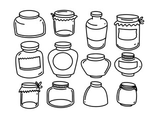 Hand drawn black color line art jars set. Vector illustration elements.