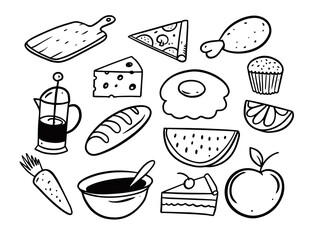 Food doodle outline set. Hand drawn black color cartoon style elements.