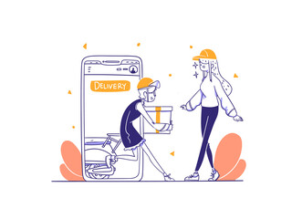 Online Shop Courier deliver item with motorcycle concept Illustration in Outline Hand Drawn Design Style