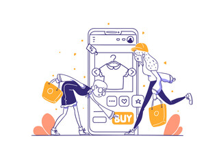 Girls Choose and Buy Fashion Sale Product in Online Shop Concept Illustration in Outline Hand Drawn Design Style