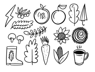 Autumn set icons. Hand drawn black color outline style.