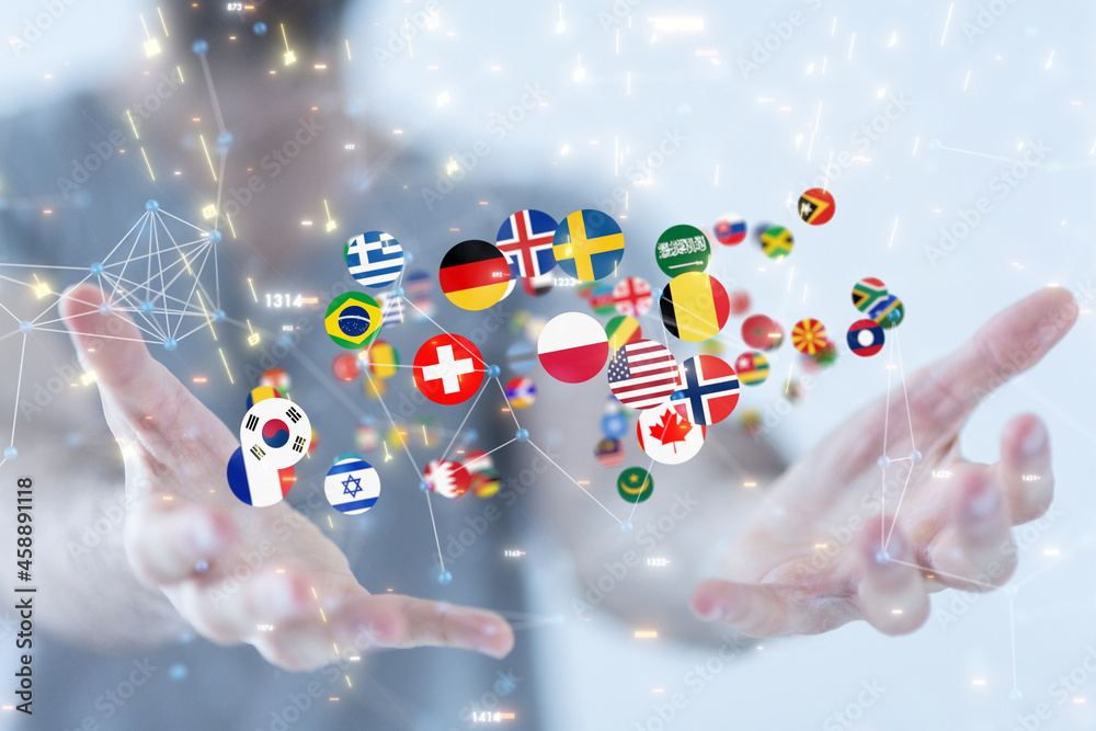 Aufkleber world map with all states and their flags,3d render.