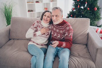 Obraz premium Photo of cute couple elder lady man sit watch tv wear sweater jeans at home