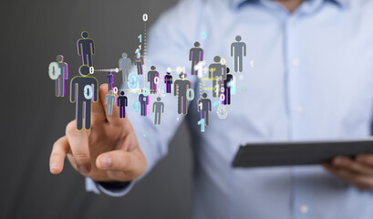 holding 3D rendering group of blue people