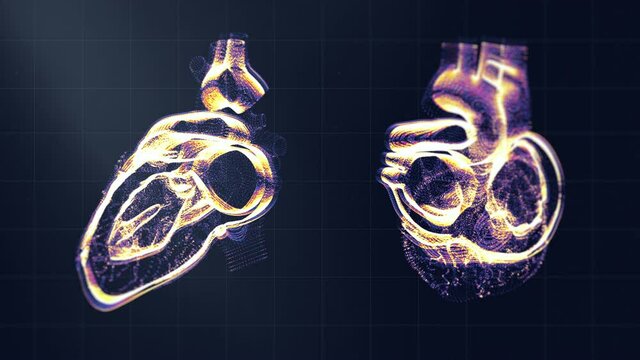 Heart scan animation. Vital signs are displayed on hi tech hospital monitor. Cardiology data. MRI visualization video. Radiology, magnetic resonance research. Diagnosis of diseases. 4K 3D render clip
