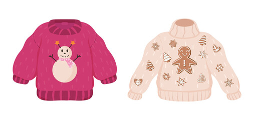 Vector ugly sweaters set for Christmas party. Xmas jumpers with snowman and gingerbread man cookie ornament. Isolated illustration.