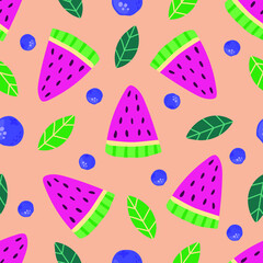 Seamless pattern of hand drawn watermelon slices, blueberries and leaves. Modern flat illustration on peach background for print design.