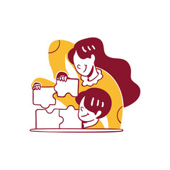 People in Teamwork Build Strategy together to solve puzzle problem concept Icon Illustration in Outline Hand Drawn Design Style