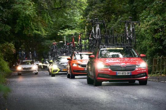 BURNOPFIELD, ENGLAND, UK - SEPTEMBER 10, 2021: Canyon dhb SunGod Team Support Car at the Tour of Britain 2021 bike race.