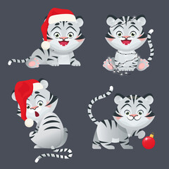 Fototapeta na wymiar White Tiger as Symbol of 2022 New Year, in Santa hat and other Christmas decoration. Chinese zodiac. Cartoon vector illustration