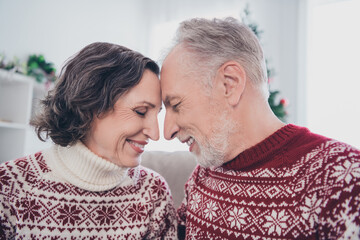 Profile photo of funny couple old lady man wear warm sweater sit at home