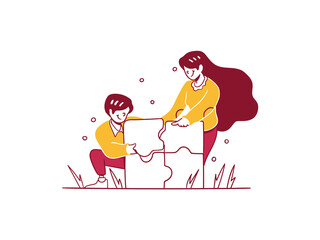 People in Teamwork Build Strategy together to solve puzzle problem Concept hand drawn design style Illustration