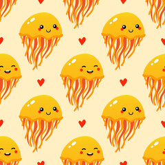 Cute happy cartoon style yellow jellyfish characters and red hearts vector seamless pattern background for sea life design.
