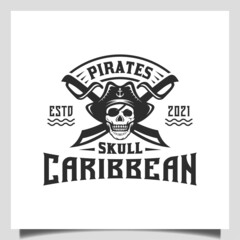 vintage hipster Pirates Skull with Crossing Swords and Boat Ship Sailor emblem logo design