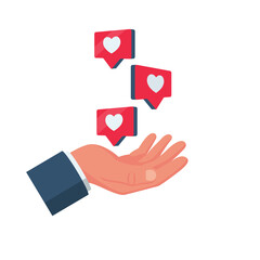 Like icon. Likes on red pins. Web icon social media concept. Human hand hold a heart. Vector illustration flat design. Isolated on white background. Positive feedback.