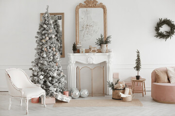 Cozy living room interior with vintage fireplace and decorated Christmas tree with presents under it. Christmas and New year eve