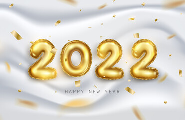 Happy New Year 2022. Golden metallic numbers 2022 in realistic 3d on soft white background with shiny glitters or ribbon falling. Holiday elements vector illustration for banner, poster and prints