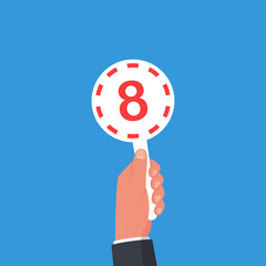 Score card 8. Number table. Digit rating on a scorecard. Human hand holding score card. Colored scorecards. Juries assessment on competition. Judges hold score. Vector design. Isolated on background.