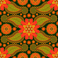 Seamless floral pattern of red and orange flowers on a dark green background. The pattern on the basis of traditional oriental elements paisley, Indian cucumber, buta. Vector illustration.