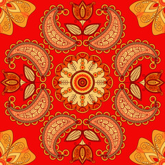Seamless vector pattern based on traditional oriental element paisley, Indian cucumber, buta. Fantastic flowers and leaves on a red background. Floral background for textile, fabric, wallpaper.