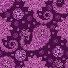 Seamless vector pattern based on traditional oriental paisley elements, Indian cucumber, buta. The lilac pattern is suitable for textiles, fabrics, wallpapers, wrapping paper.