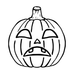 Sad Jack O Lantern doodle icon, halloween pumpkin isolated