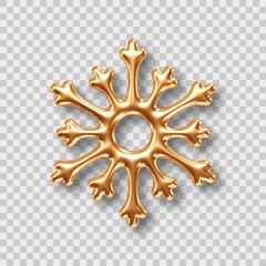 Golden snowflake isolated on transparent background. Design element for Christmas greeting card