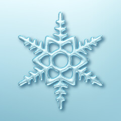 Three dimensional shiny snowflake on blue background. Design element for Christmas greeting card