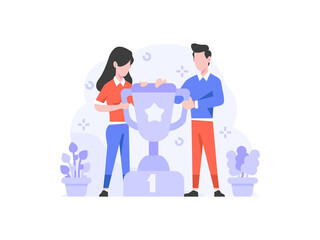 Business man and woman amazing have winner championship competition best and get trophy medal cup people character flat design style Vector Illustration 