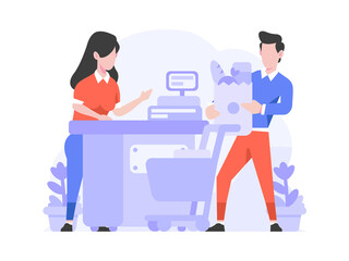 Online Shop Ecommerce Cashier Scan Groceries Item price with Cash Register Concept Flat Style Illustration