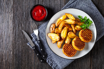 grilled fish burgers with baked potato wedges