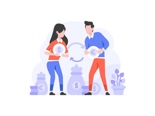 Vector Illustration business finance man and women exchange money from dollar to euro pound sterling change people character flat design style